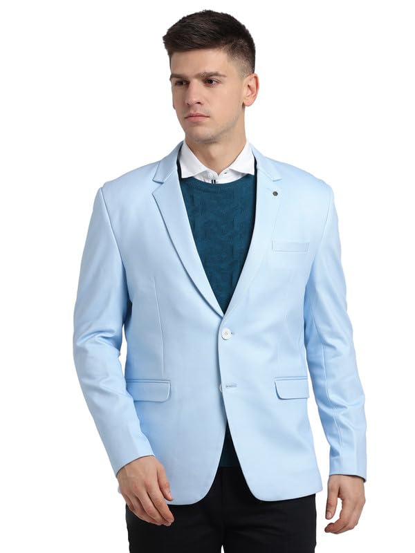 Men Cotton Self Design Silm Fit Sky Blue Casual Blazer