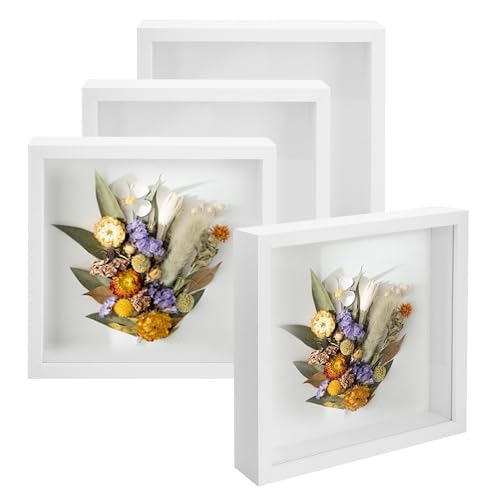 YKUKIZEE 4 Pcs White Box Frames for Crafts 3D Deep 8x8 inch,3D Shadow Box Frame, Wooden Deep Box Frame 20 cm Flowers Hanging Wall Memory Photo