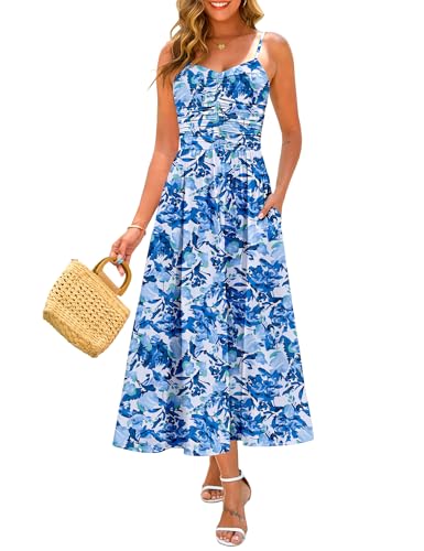 Image of Annebouti Women 2026 Summer Spring Ruched Maxi Dress Adjustable Spaghetti Strap Floral Beach Long Sundress with Pockets