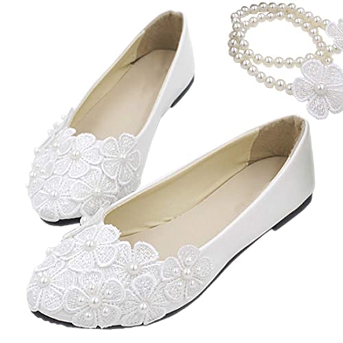 Bride Flats Shoes Lace Flowers Bridal Wedding Shoes Ankle Pearl Beads Wedding Shoes Princess Ballet Flats