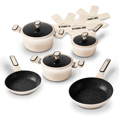 STONELINE Batteria Cucina 11 Pezzi 18/20/24 cm Set Padelle e Pentole con Coperchio, Pentola Padella Induzione Antiaderente con Vere Particelle di Pietra, Tutti i Piani Cottura, Colore: Crema