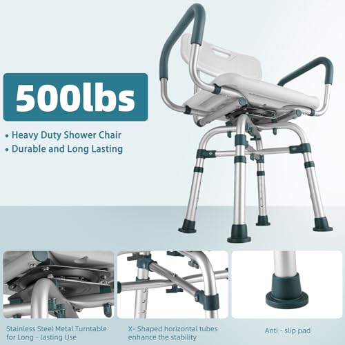 Swive Shower Chair with Arms and Back, 500 lbs Heavy Duty Shower Seat for Inside Shower Stall and Bathtub, Height Adjustable Safety Bath Seat for Elderly, Adults, Handicap and Disabled by Aidwaygo - Image 3