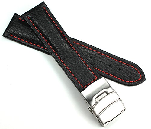Bracelet montre 22mm cuir véritable noir et couture rouge boucle déployante