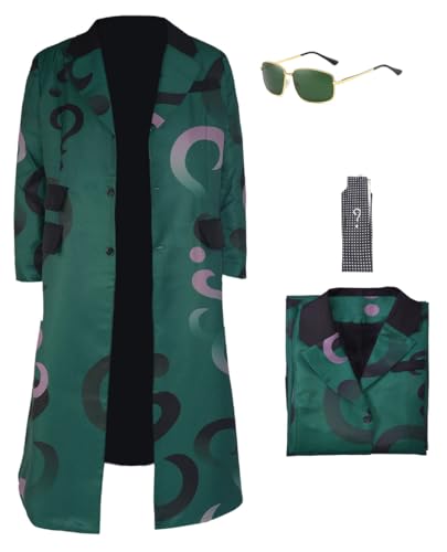 Mens Riddler Cosplay Costume Trenchcoat Green Suit Gothic Uniform Jacket Necktie Full Set Halloween Outfit (Trenchcoat XX-Large)