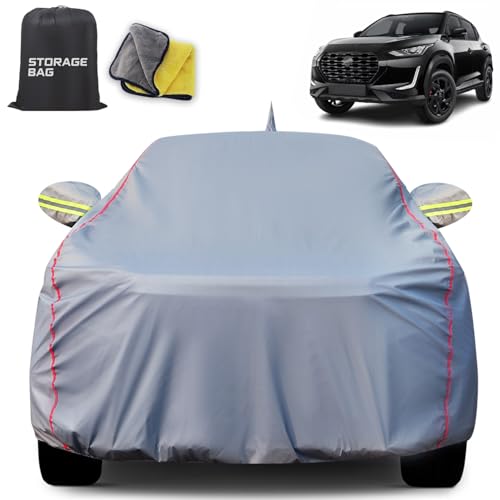 Image of for Nissan Magnite 100% Waterproof Car Cover for All Weather Protection with Mirror Pockets, Soft Cotton Lining, Triple Stitched with Adjustable Belt Bottom Elastic to Secure Fit