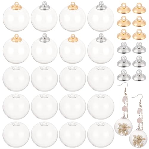 PH PandaHall 20pcs 30mm Mini Empty Glass Globe Bottles Round Clear Ball Charms Hanging Ball Vial Charms with 20pcs 8mm Brass Bails Cap for DIY Pendant Earrings Jewellery Making Platinum/Golden