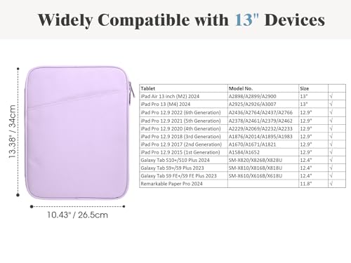 Image of TiMOVO 13 Inch Tablet Sleeve with Pocket for iPad Air 13 inch M3 2025, iPad Pro 13 inch /12.9 inch, Galaxy Tab S9 /S10 Plus /S9 FE+ 12.4 inch, Remarkable Paper Pro 11.8 inch, Purple Lavender
