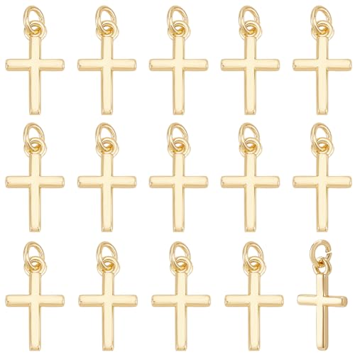 Breloques en croix en laiton plaqué or avec anneau ouvert 3.5mm pour montage bijoux crucifix