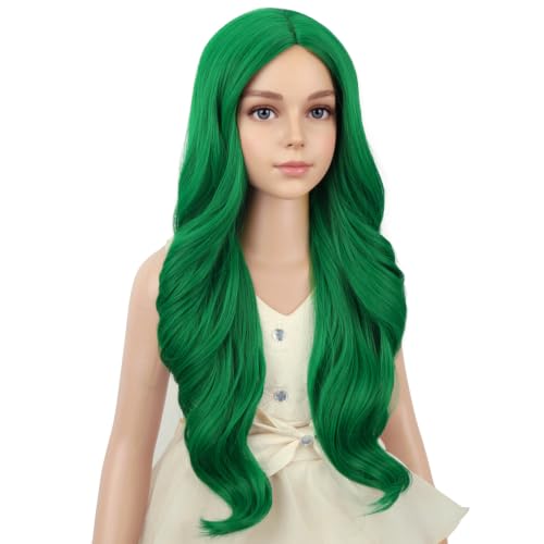 Image of PATTNIUM Green Wig for Girls Kids Long Curly Wavy Green Wigs Middle Part Hair Heat Resistant Synthetic Hair Wig with Wigs Cap