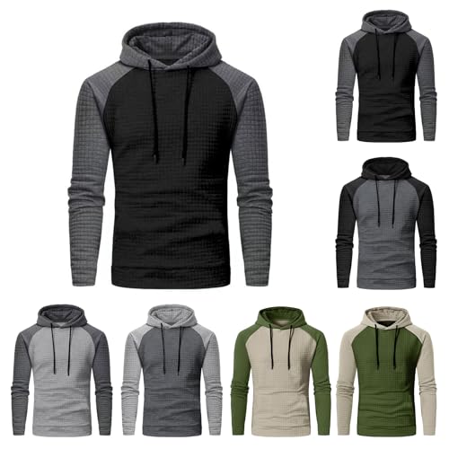 Wankang Mens Fashion Waffle Hoodies Pullover Comfy Color Matching Hooded Sweatshirt Long Sleeve Drawstring Hoodies Sweatshirt2
