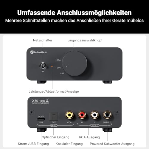 Fosi Audio Q6 Mini-Desktop-DAC, USB C Digital-Analog-Audio-Wandler für Heim-Stereo-Verstärker und Kopfhörerverstärker, optischer/koaxialer Eingang, RCA-Ausgang/Sub-Out, Hi-Res 32bit/768kHz DSD512 – Bild 5