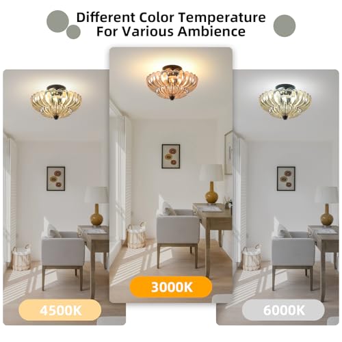 Image of Semi Flush Mount Ceiling Light, 11.8 Inch Black Vintage Hallway Light Fixture with Amber Glass, Close to Ceiling Light for Bedroom Kitchen Living Room Bathroom Foyer, E26 Base