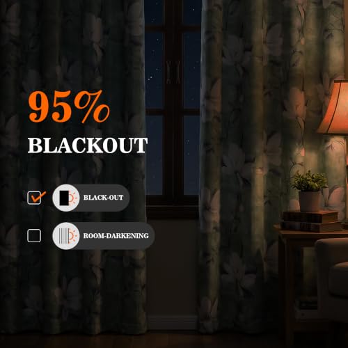 Image of MYSKY HOME Floral 95% Blackout Curtains 72 Inch Long 2 Panels Set for Kitchen White Flower Printed Thermal Insulated Light Blocking Black Out Grommet Window Treatments, 52 inch W Each Panel, Sage Green
