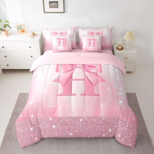 Image of Feelyou Kids Pink Bowknot 7 Pieces Bedding Set Queen Size, Personalized Initial H Bed in A Bag Princess Glitter Comforter Set with Sheets Boys Girls Bow Alphabet Teens Bed Set Bedroom Decor 7Pcs