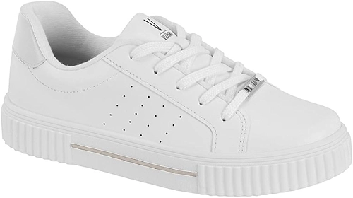 Tênis Branco Feminino Casual Flatform – Pelica Sintética, Cadarço, Solado Antiderrapante e Palmilha Confortável