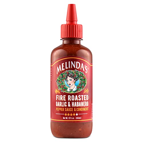 Melinda’s Fire Roasted Garlic & Habanero Hot Sauce - Made with Slow Roasted Garlic, Fresh Peppers, Lime Juice - Rich & Smoky Habanero Hot Sauce 12oz, 1 Pack