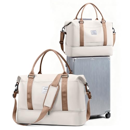 Reisetasche Damen Easyjet Handgepäck Tasche Sporttasche Weekender Bag Schwimmtasche Wasserdicht Travel Bag Duffle Bag Fitnesstasche Trainingstasche Krankenhaustasche mit Schuhfach,A11-Beige Braun