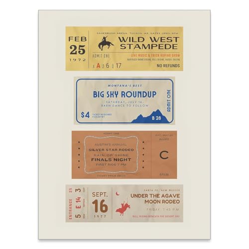 Vintage Western Cowboy Wall Art Decor Retro Rodeo Tickets Poster 1970s Western Prints Midwest Rustic Cowboy Painting Picture for living Room Room Dorm Home Decorations 12x16inch Unframed