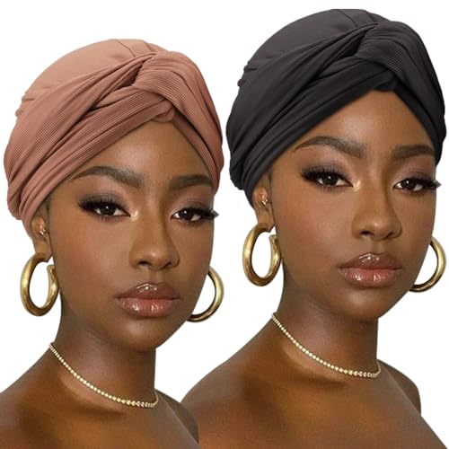 DRESHOW Hair Wrap for Women Ribbed Soft Stretch Jersey Head Scarf Breathable Lightweight Turban Solid Color