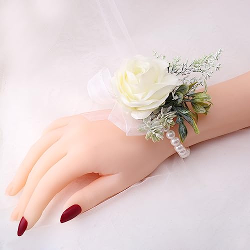 Wrist Corsage and Boutonniere Set Artificial Brides White Rose Wristlet Band Bracelet and Men Boutonniere for Wedding Party Prom Flowers Accessories Decor - Thumbnail 3