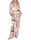 Ekouaer Women Pajama Sets Silk Satin Long Sleeve Pjs Fall Button Down 2 Piece Sleepwear Loungewear Pink Cartoon Pattern,L