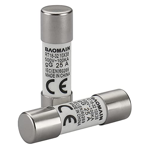 Baomain Fuse Link Rt18-32 (Ro15 Rt14 Rt19) 25A Cylindrical Ceramic Tube 10X38Mm 500V 100Ka Ce Listed Pack Of 20 #TOP3