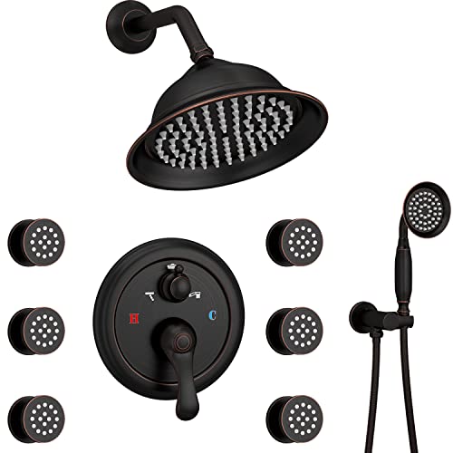 Whshower Antique Shower System 8 Inch With Body Jets Antique Wall Mounted Rainfall Shower Head System Oil Rubbed Bronze Rain Mixer Shower Combo Set And Balance Rough-In Valve #TOP5