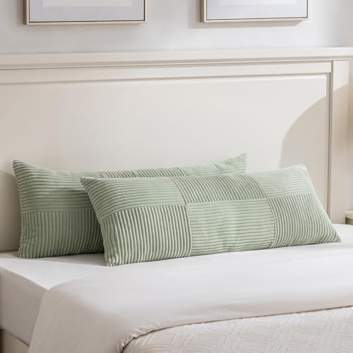 Image of Fancy Homi Set of 2 Sage Green Boho Long Lumbar Body Decorative Throw Pillow Cover 14x36 Inch for Bed Couch Bedroom Bench, Soft Patchwork Corduroy Textured Pillow Case, Rustic Farmhouse Room Decor