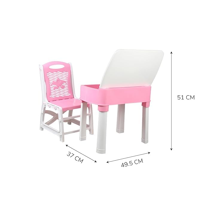 KITCHIVO™ Kids Functional Desk Chair Set 3-12years Boys Girls/Kids Study Table with Height Adjustable/Study Table with Bookholder (Pink & White) 1