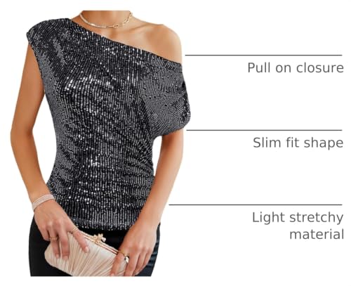Image of GRACE KARIN One Shoulder Sequin Sparkly Tops for Women Ruched Asymmetrical Glitter Tops Slimming Sparkle Party Shirts