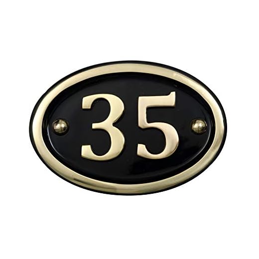 Solid Brass House Number Oval Plaque – Personalised Door Sign, Oval Design, Durable Hand Lacquered Finish, Weather Resistant Outdoor House Numbers with Fixings – 14 x 10cm (No 35)