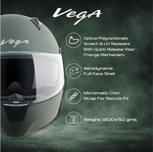 Image of Vega VM-02 Spike Flip-Up Motorcycle Helmet with ISI Certification | High-Impact ABS Shell, Dual Visor, UV & Scratch Resistant: Dull Battle Green , XL