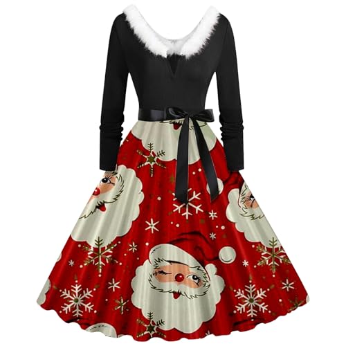 Weihnachtskleid Damen Lustig Elegant Langarm Festliches Kleider Winter V-Ausschnitt Weihnachtspullover Midi Kleid Merry Christmas Partykleid...