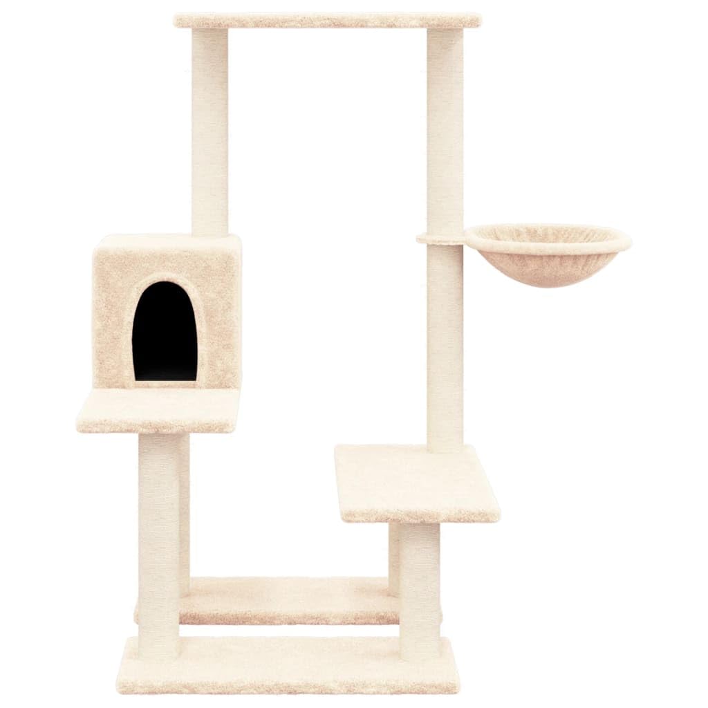 Kratzbaum mit Sisal-Kratzsäulen Creme, 94,5 cm Kletterbaum für Katzen, stabiles Katzenmöbel mit Plüsch-Höhle, Hängematte und Plattformen aus Holzwerkstoff