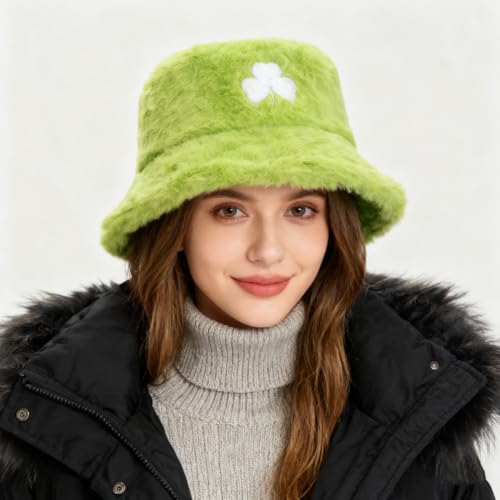 Image of Bucket Hat Women Furry Fuzzy Bucket Hats for Ladies, Winter Warm Fluffy Plush Faux Fur Hat for Women
