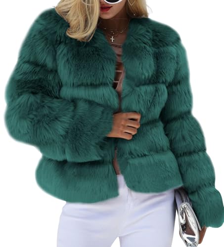 loveimgs Women Warm Fluffy Cropped Puffer Jacket Faux Fur Coat Crop Parka Collarless Winter Teddy Bear Coat Overcoat, Dark Green, Large
