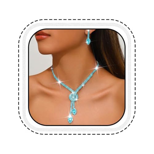 Unicra Light Blue Rhinestone Bridal Wedding Jewelry Set Crystal Necklace Earrings Sets Formal Prom Costume Jewelry Sets for Women and Brides (Light Blue)