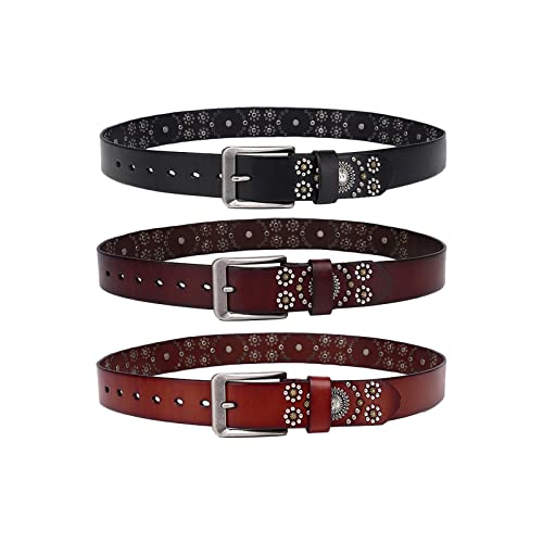 Studded Belt Leather Mens Belt Flower Shape Rivet Vintage Handmade The Hip Hop Style Belts Alloy Buckle Unisex,Brown,110cm/43.3''2