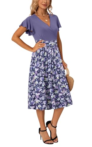 Image of GRECERELLE Spring Summer Dress for Women Casual Ruffle Short Sleeve Wrap V-Neck Dress