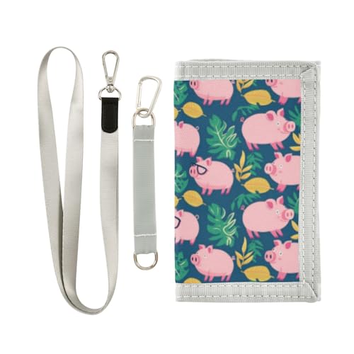 Wusikd Pink Cartoon Pigs Kids Wallet for Boys Girls Colorful Green Leaves Toddler Trifold Wallet Novelty Wallet for Teens Women Men