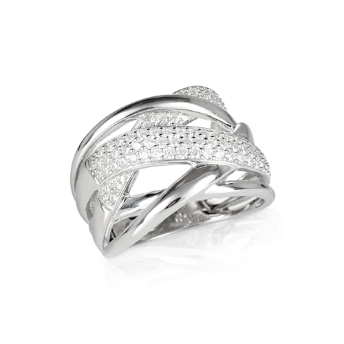 Diamond Treats Bague Large Croisée pour Femme et Jeune Fille en Argent Sterling 925, Grosse Bague Femme en Argent 925 sertie de Petites Pierres en Zircons,...