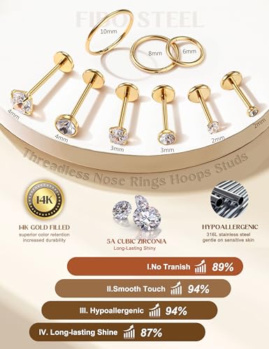 20G/18G Nose Rings Studs for Women Men - 14K Gold Filled Flat Back Nose Studs Nose Ring Hoops Hypoallergenic Surgical Steel Threadless Push in CZ Helix Tragus Conch Nostril Cartilage Piercing Jewelry2