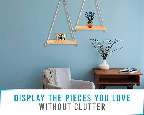 Comfify Modern Set Of 2 Wooden Floating Shelves With String – Farmhouse Boho Wall Decor For Living Room Wall – Natural Wood Decorative Shelves With Rope – 17”X5.2” - Natural Color #TOP3