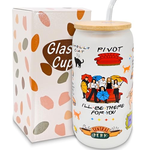 HSSPIRITZ Friends Merchandise Glass Cups with Lids and Straws Friends TV Show Theme Pattern Fans Gifts Birthday Christmas Gifts for Women Men 16oz Iced Coffee Cup Ideal for Cocktail Coke Soda