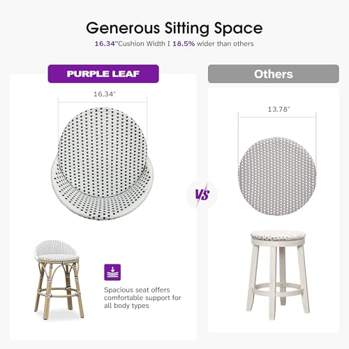 Image of PURPLE LEAF Patio Oversized Backrest Counter Height Stool Set of 1 Outdoor Round Barstools Aluminum Frame in Champagne Finish Woven Rattan for Indoor Kitchen Dining Bistros Cafe Restaurant White