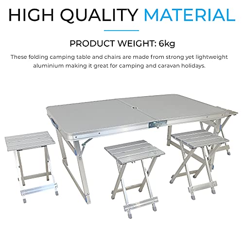 FIT4HOME Folding Camping Table and Chairs Fold away 4ft Picnic Table with 4 Stools, Portable, Adjustable Height, Aluminium with Carry Handle, Foldable | FT-001