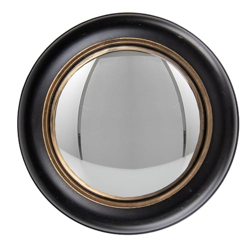 MAISONICA Shabby Chic Black & Gold Wooden Wall Mirror - Convex Porthole Fisheye Design 18cm