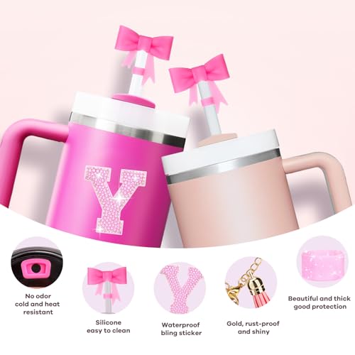 Image of Mity rain 6PCS Pink Cup Accessories for Stanley Cup 30oz 40oz - Tumbler Initials Decoration for Stanley, Including Silicone Straw Cover Cap and Boot, Spill Proof Stopper,Handle Charm, Sticker,Letter Y