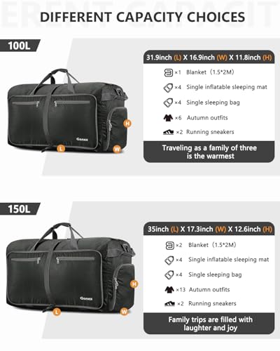 Gonex 100L Large Foldable Travel Duffle Bag with Shoes Compartment, Packable Lightweight Water Repellent Duffel Bag for Camping Gym Weekender Bag Gray