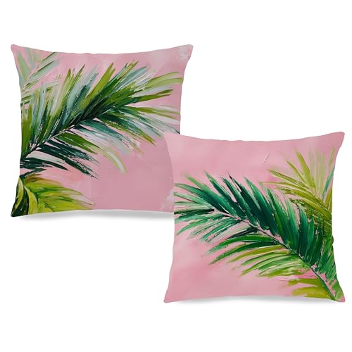 Image of Summer Pink and Green Tropical Palm Leaf Decorative Throw Pillow Cover Decor 18x18,Palm Leaf Botanical Decorative Lumber Beach Plant Throw Pillow Cover for Cabin Couch Double-Sided Set of 2